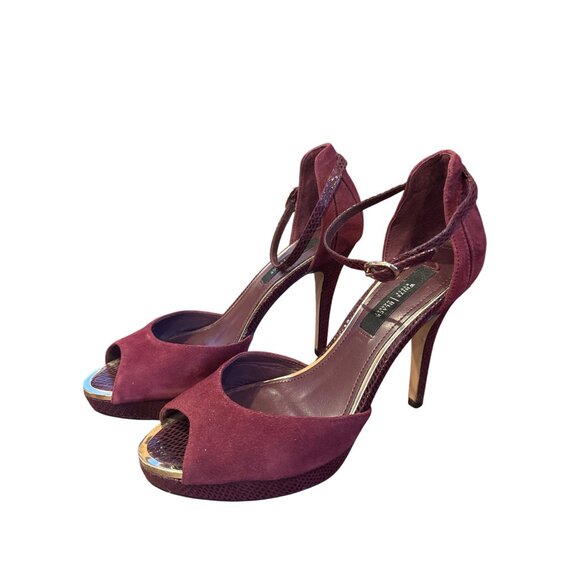 White House Black Market Burgundy Suede Peep Toe Ankle Strap Heels Sz 9M Dressy - Picture 2 of 11